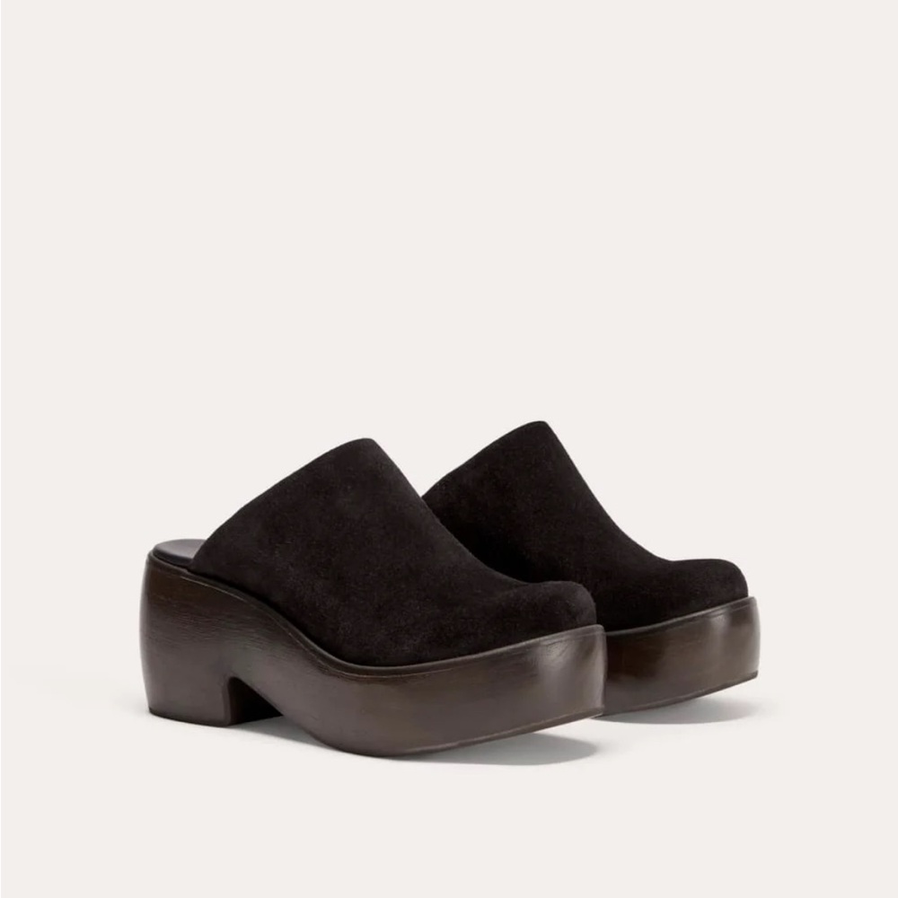 Everlane Black Suede Platform Clog Mules with Wood-Look Sole